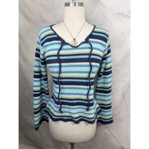 Y2K Indie Sleaze Knit Sweatshirt Soft Grunge Preppy Striped Top M Bell Sleeve